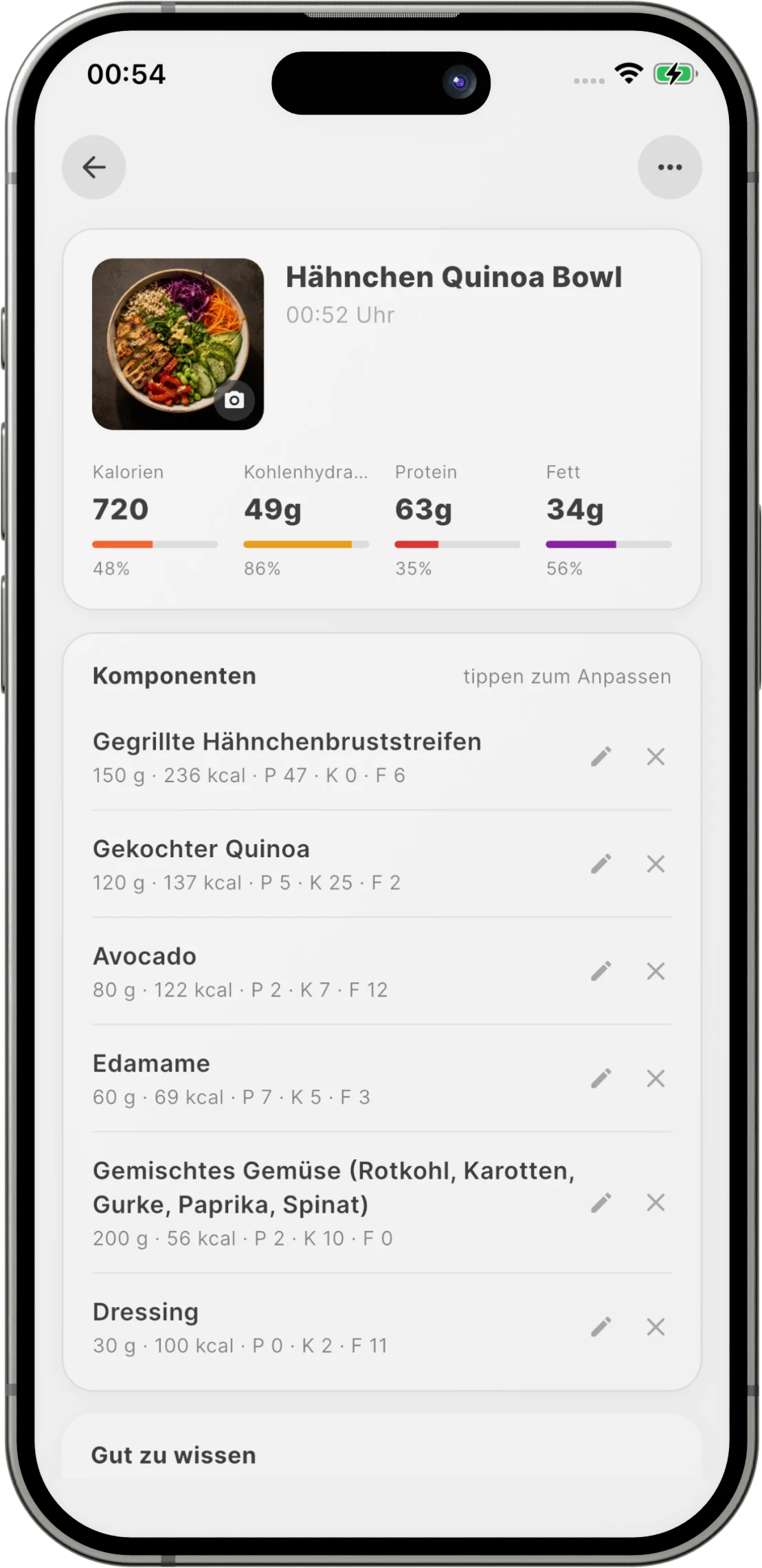 Detailansicht einer analysierten Mahlzeit in CalorieMeister