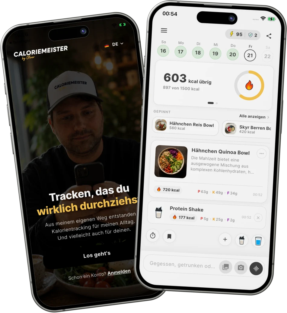 CalorieMeister Welcome-Screen und Home-Screen auf zwei iPhones